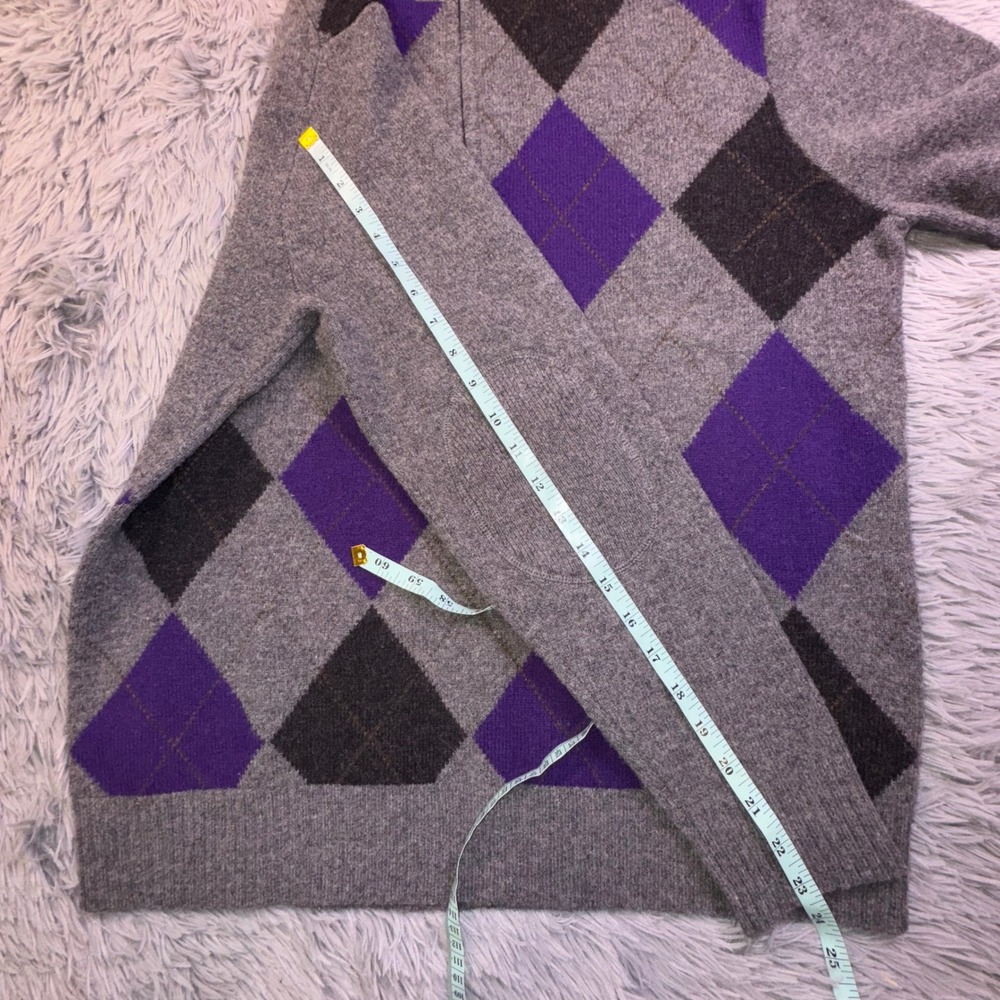 J.Crew Mens Large Lambswool Argyle Quarter Zip Sweater Elbow Patches Gray Purple - Picture 7 of 10
